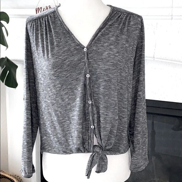 Max Studio Button Down Gray Front Tie Small Relax Fit Casual Lightweight - Picture 4 of 9